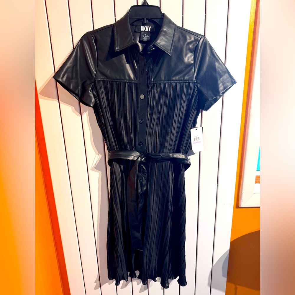 DKNY Dresses | DKNY Black Leather Tie Waist Fit and Flare Dress, Size 6